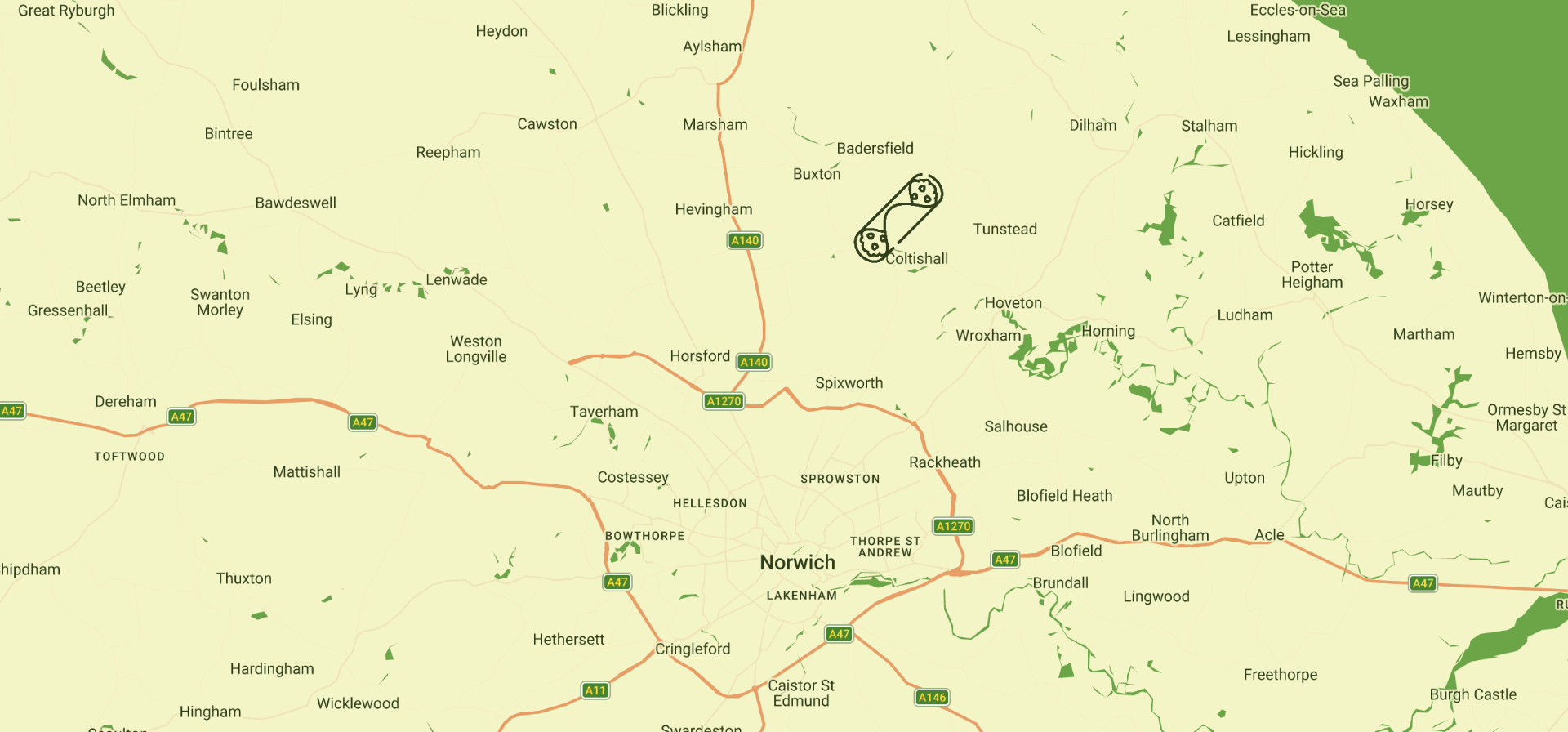 Map showing Dollie's Deli near Coltishall, Norfolk