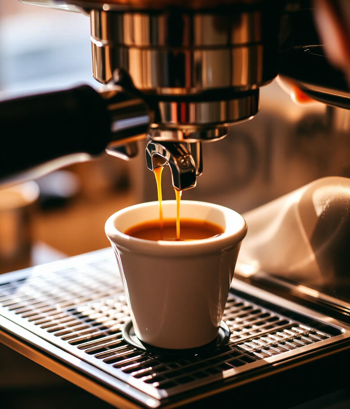 Espresso pulling from a copper machine